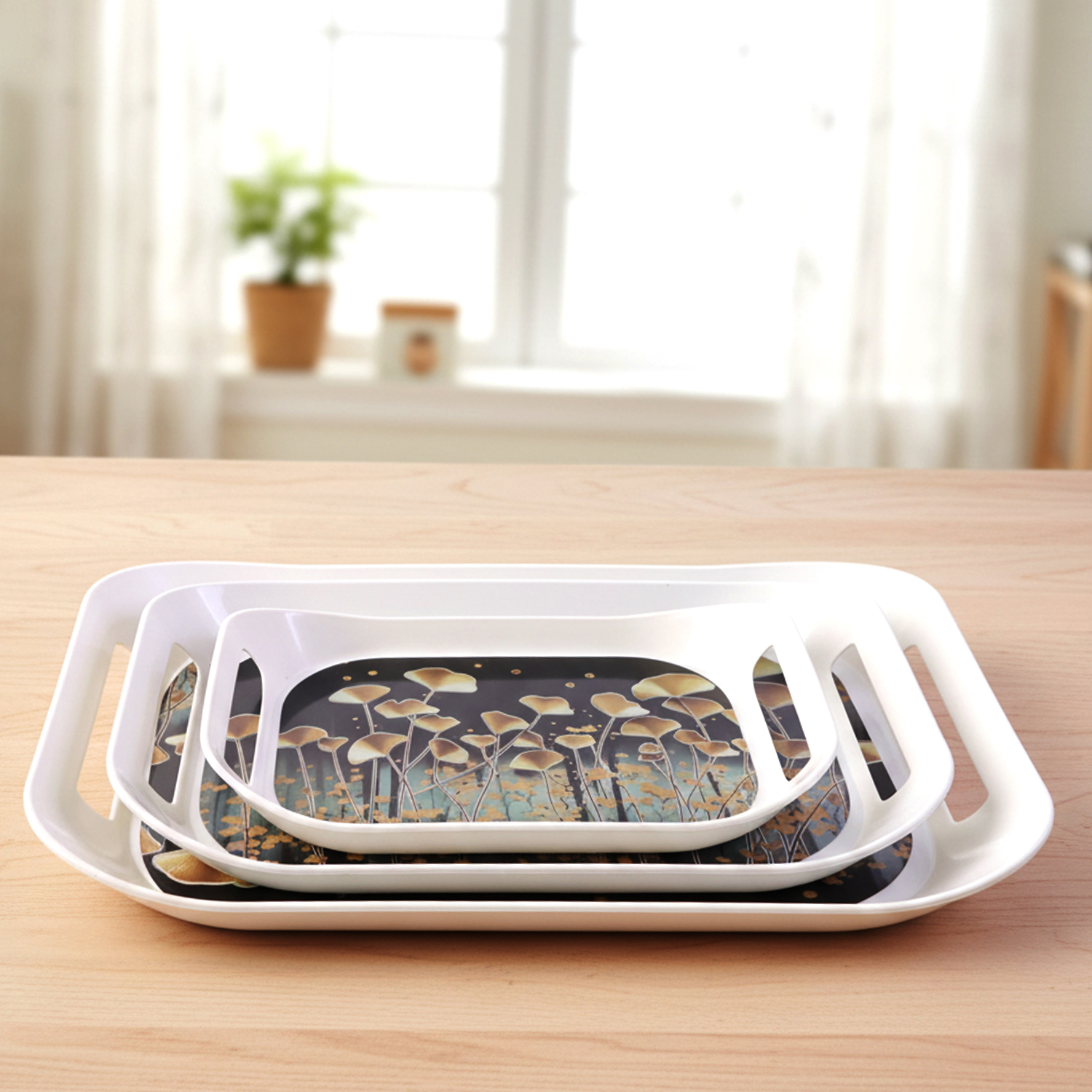 Serving-Tray-02.jpg Honey Serving Tray Set – Elegant Golden Leaf Design with Handles (Dishwasher Safe, Durable Material) - Image 1