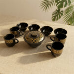 Hot Espresso Premium Glass Tea & Breakfast Set - 9 Pieces (4 Cups, 4 Bowls, 1 Donga with Lid) | Black & Gold Greek Key Pattern Elegant Crockery Set - Image 2