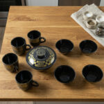 Hot Espresso Premium Glass Tea & Breakfast Set - 9 Pieces (4 Cups, 4 Bowls, 1 Donga with Lid) | Black & Gold Greek Key Pattern Elegant Crockery Set - Image 3