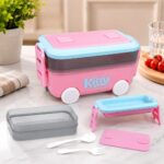 Kitty Car-Shaped Double-Layer Lunch Box for Kids | Cute Toy Car Tiffin Box with Cutlery, Fruit Tray & Lock Seals | Leakproof School Lunch Box - Image 5