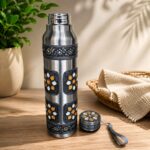 Handcrafted Steel Water Bottle | Premium Antique Floral Embossed Design | Leak-Proof Gym, Office & Travel Flask with Carrying Strap - Image 5