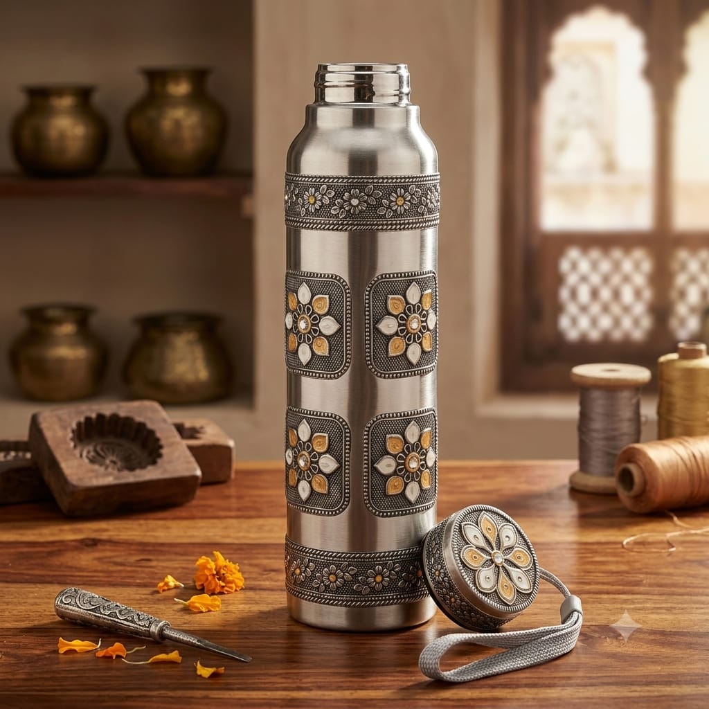 WhatsApp Image 2026-06-11 at 1.16.58 PM Handcrafted Steel Water Bottle | Premium Antique Floral Embossed Design | Leak-Proof Gym, Office & Travel Flask with Carrying Strap - Image 1
